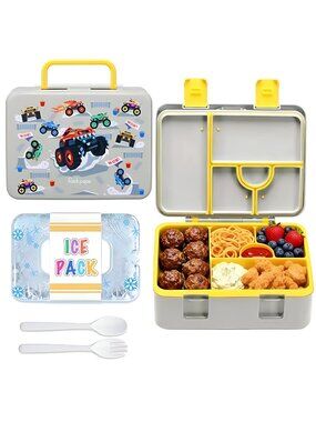 5 Compartment Bento Lunch Box with Ice Pack for Kids, Leak Proof with Utensils